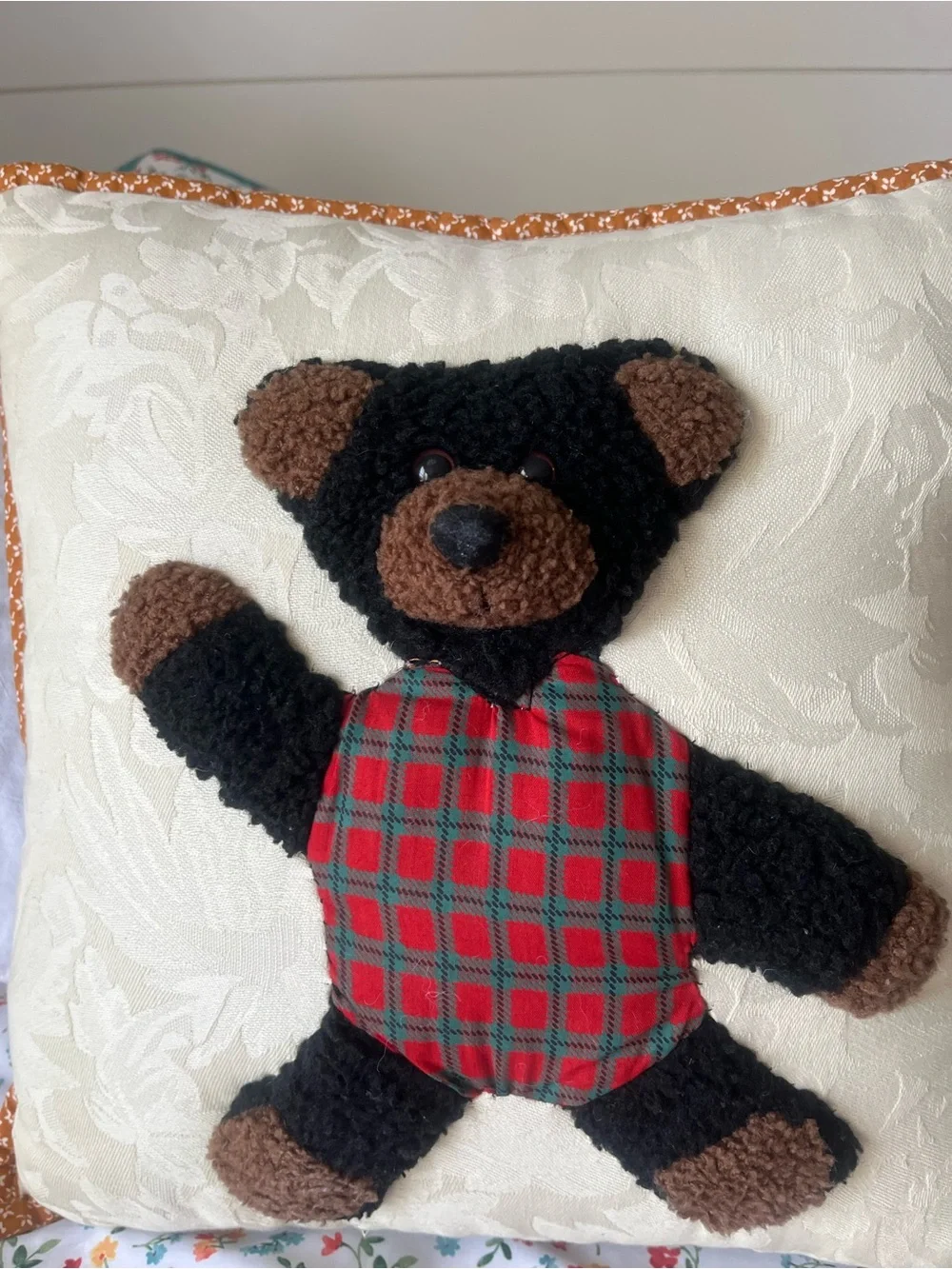 3D Vintage Cracker Barrel 90s holiday bear Throw Pillow Set in Green and Cream